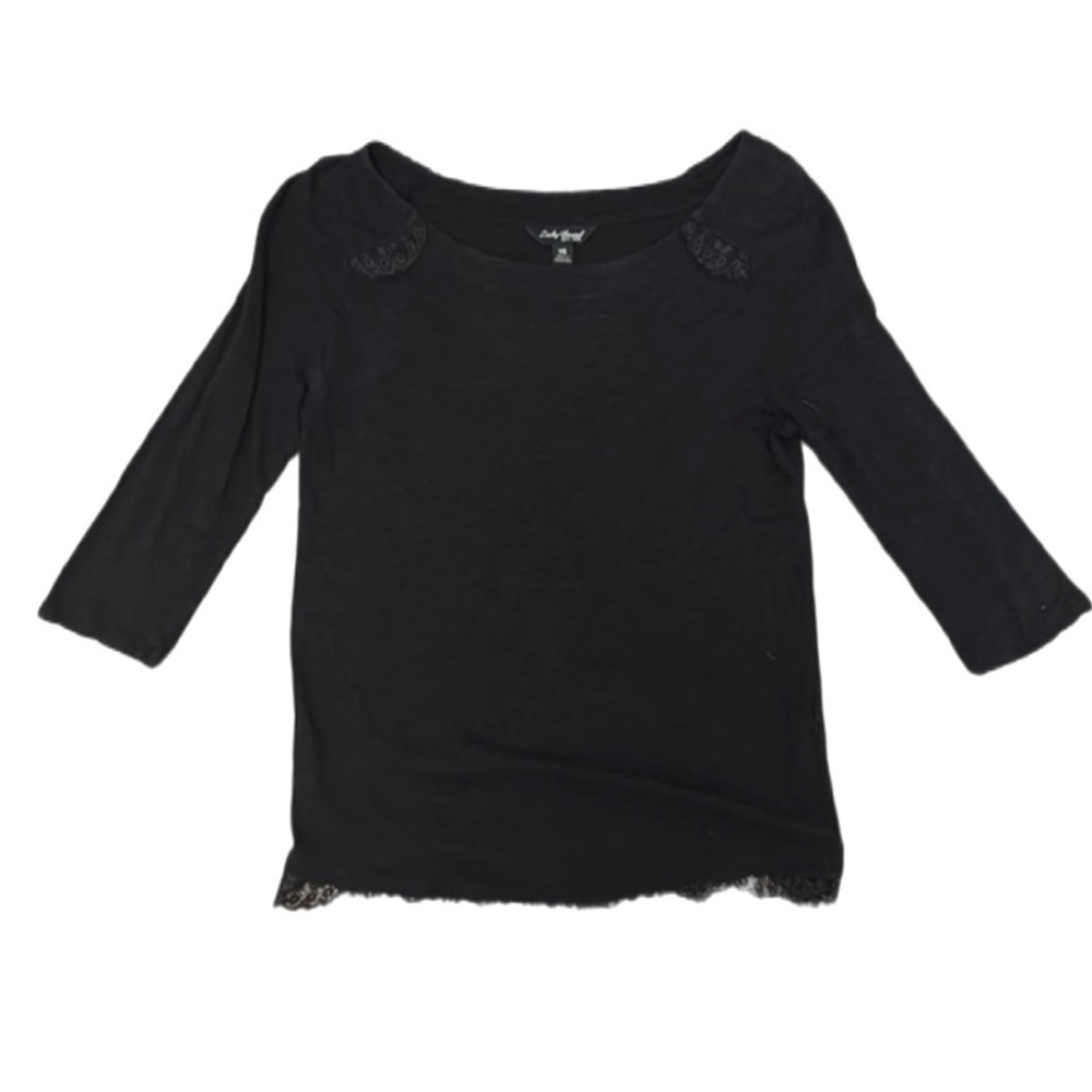 WOMENS BLACK EXTRA SMALL LUCKY BRAND QUARTER SLEEVE TOP LACE FRINGE